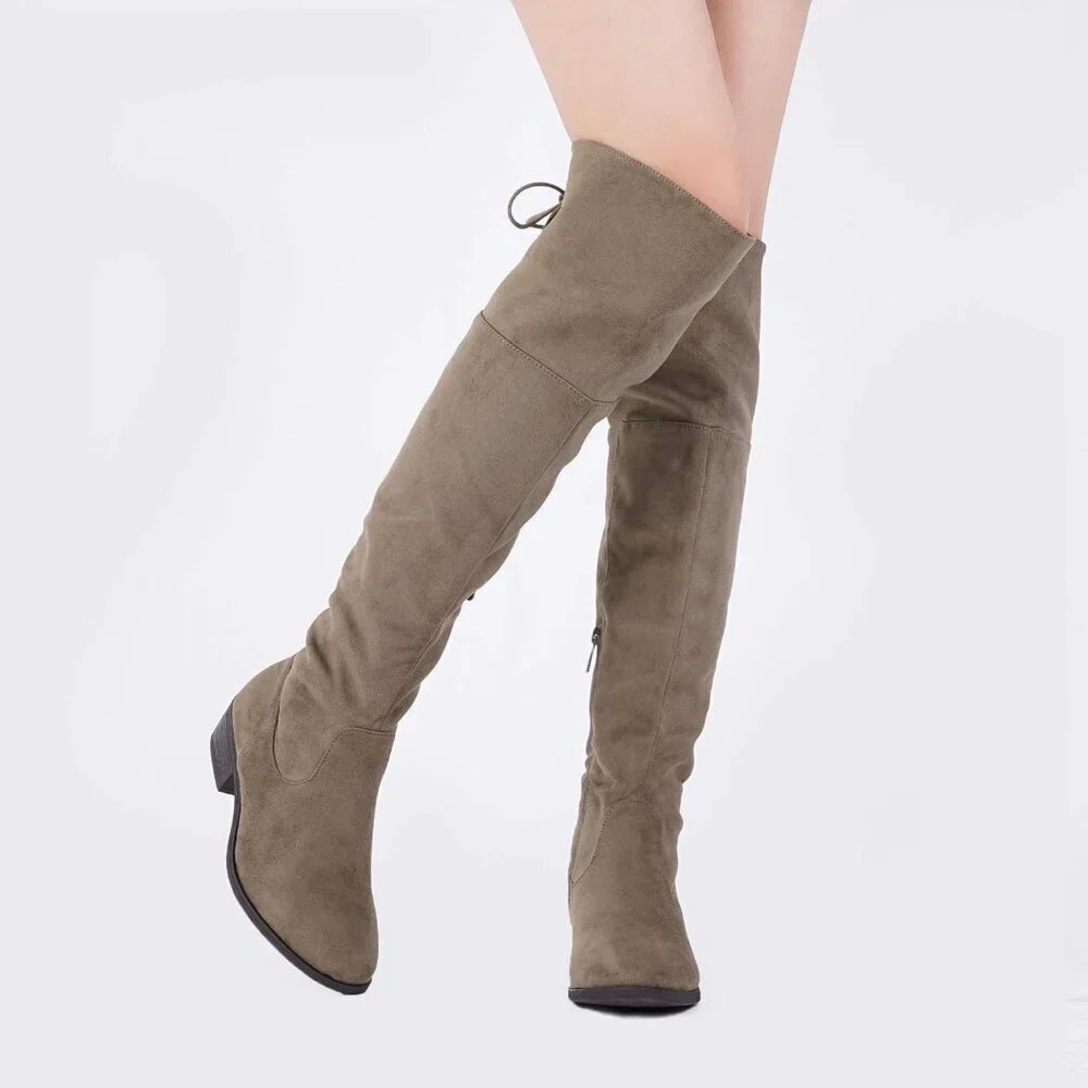 Women Khaki Textile Over The Knee High Low Block Heel Pointed Toe Riding Boot